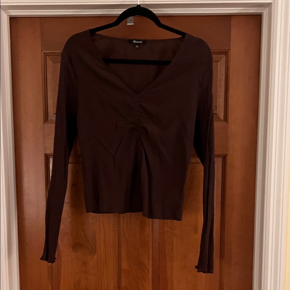 Madewell Sheer Brown Long Sleeve V-Neck Top